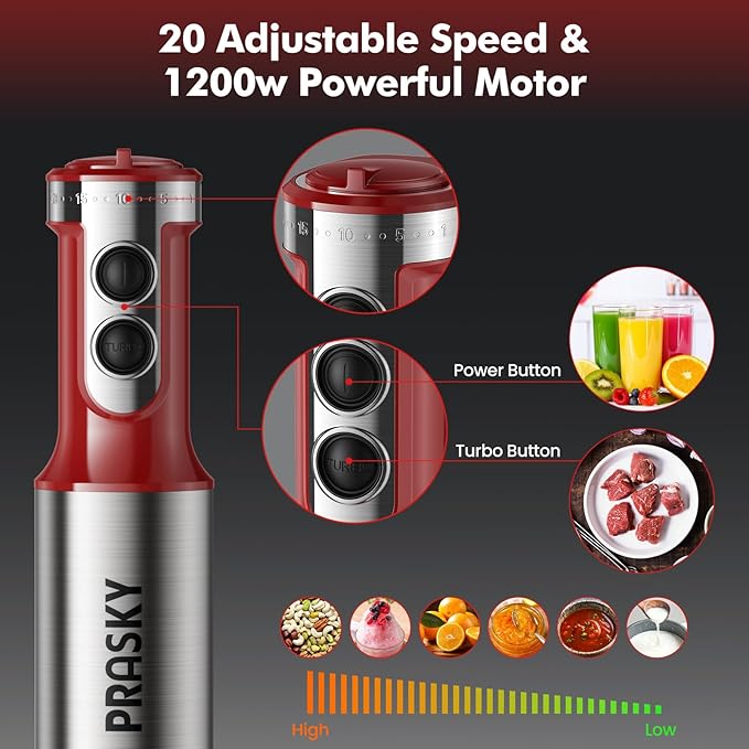Immersion Blender Handheld 1200W, 5-in-1 Hand Blenders, 20 Speeds Hand Mixer, Stainless Steel Blades, Milk Frother Wand, Whisk, Beaker, Suitable for Kitchen, Protein Shakes and Baby Food