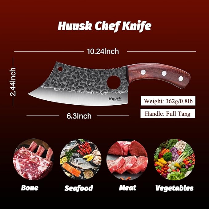 Huusk Meat Cleaver Knife with Sheath, Hand Forged Viking Knife, Mens Gifts
