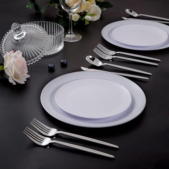 SUT 150Pcs Silver Plastic Silverware Set, Heavy Duty Disposable Cutlery Includes 50 Forks, 50 Spoons and 50 Knives for Party, Wedding and Catering