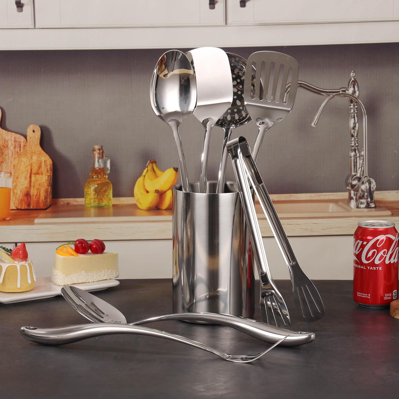 18/10 Stainless Steel Kitchen Utensils Set with Holder for Countertop