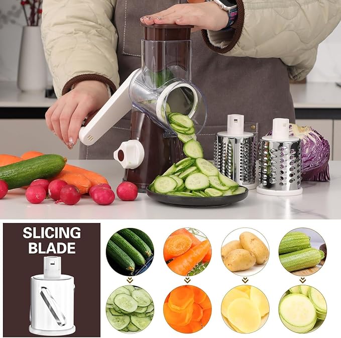 Cambom Rotary Cheese Grater Hand Crank Cheese Shredder for Fresh Cheese, Vegetable, Nuts,Non-slip Suction Base, Three Blades, Coffe Color