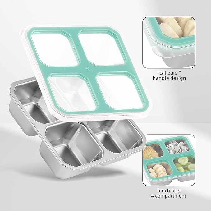 BEFOY 4 Pack Stainless Steel Snack Containers with Lids 4 Compartment Food Storage Containers for Adults & Kids Meal Prep Containers Reusablele (blue, 2)