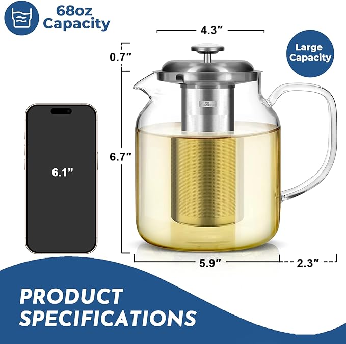 Aquach 68oz Glass Teapot with Thermometer, Stovetop Safe Tea Pot