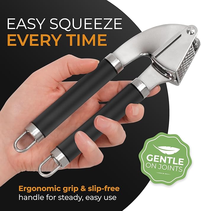 ORBLUE Garlic Press and Peeler Set, Stainless Steel - Professional Grade Mincer, Crusher - Dishwasher Safe & Rust-proof, Black