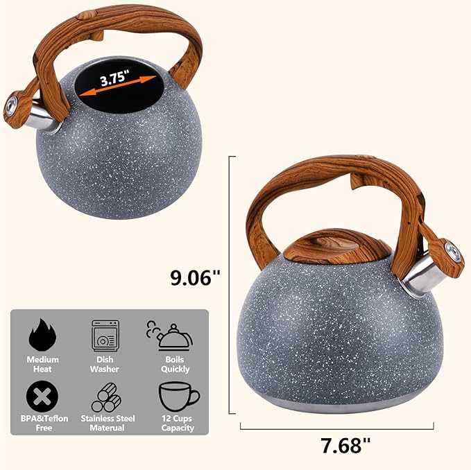 Foedo 3.2Qt Stainless Steel Whistling Tea Kettle Stovetop, Sky Grey