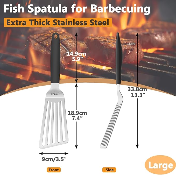 Svailse Stainless Steel Fish Spatula, 13.3 inch Metal Spatulas with Silicone Handle, Slotted Turner for Cooking, Grilling, Flipping, Egg, Cookie, Pancake and Burger (Large)