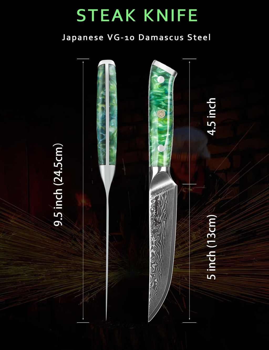 SANMUZUO Steak Knives Set of 4, Ultra Sharp Non Serrated Kitchen Steak Knife 5 Inch - Damascus Steel & Resin Handle - Xuan Series(Jade Green)