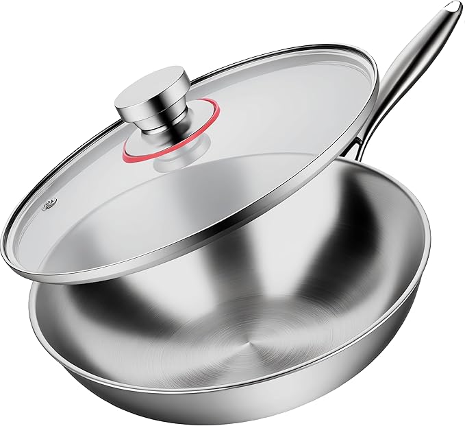 12.5-Inch Tri-Ply Stainless Steel Wok Pan with Lid | Detachable handle