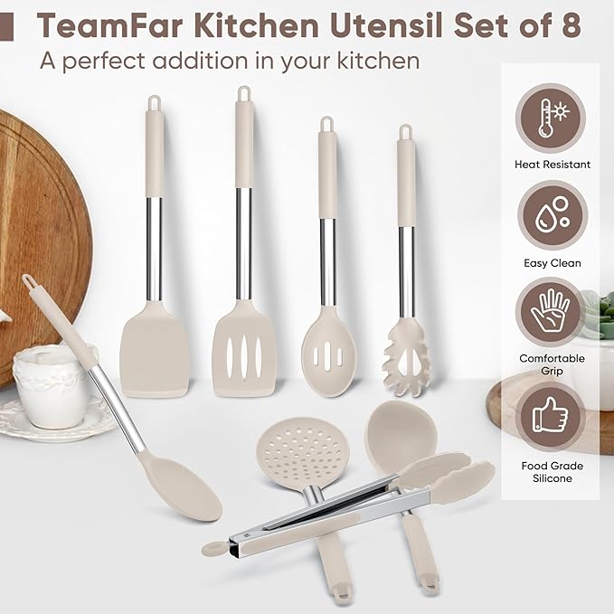 TeamFar Kitchen Utensils Set of 8, Silicone Utensils Kitchen Tools Set