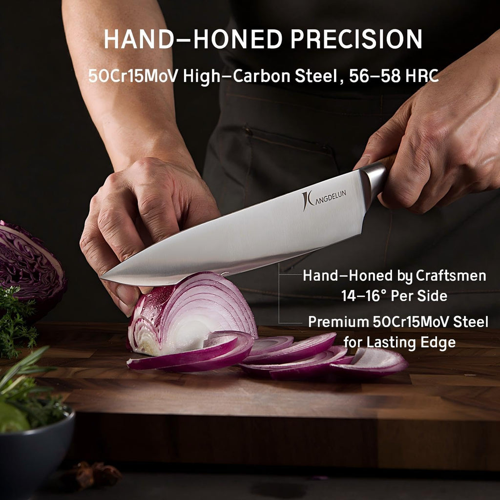 Kangdelun Ultra Sharp 14-Piece Kitchen Knife Set, High Carbon Stainless Steel Blades, Torrefied Natural Wood Handles, Ergonomic Design, Space-Saving White-Finished Wood Block, Easy Hand Wash, Gift Box