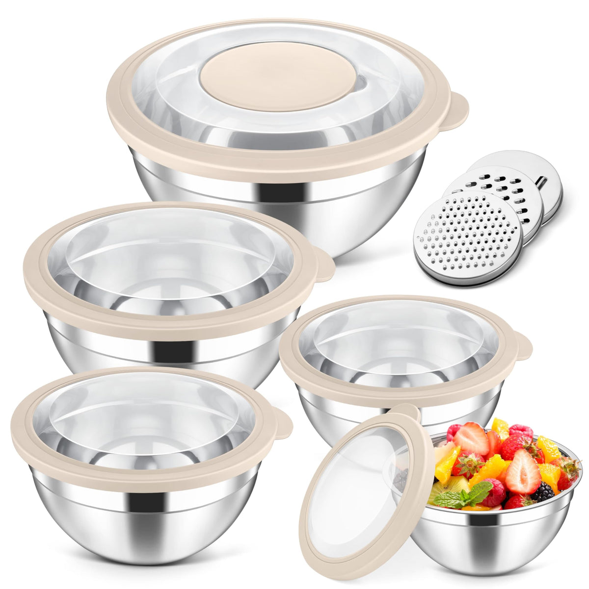 Herogo 5-Piece Mixing Bowls with Airtight Clear Lids, 3 Grater Attachments, Stainless Steel Large Bowls of 5 for Kitchen, Size 4.6, 3.5, 2.5, 2, 1.5QT Ideal for Mixing and Serving, Blue