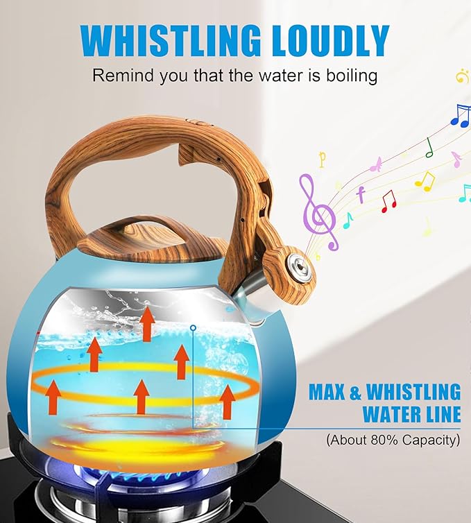 Foedo 3.2Qt Stainless Steel Whistling Tea Kettle Stovetop, Sky Blue