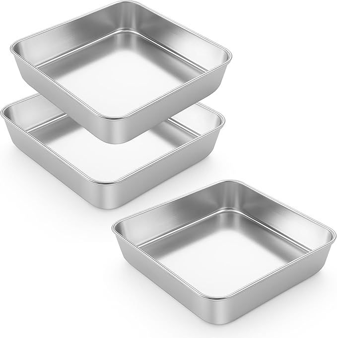 LIANYU 3 PCS 9 x 9 Inch Square Baking Cake Pan, Stainless Steel Cake Molds
