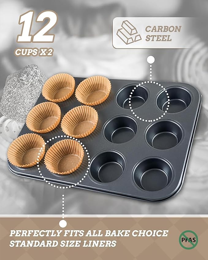 Bake Choice 2 Muffin Pan for Baking, Standard Cupcake Pan with 100 Liners