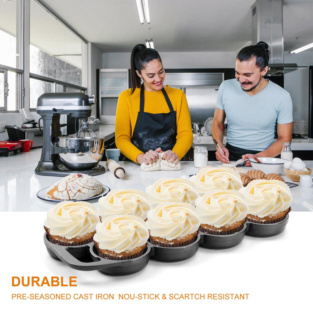 DVK Cast Iron Muffin Pan - Heavy Duty Cupcake Pan Muffin Tin, Non-Warping Even Heat Distribution for Perfect Cupcakes, Mini Cakes, Tarts, Quiches Ideal for Home Bakers Professional Chefs