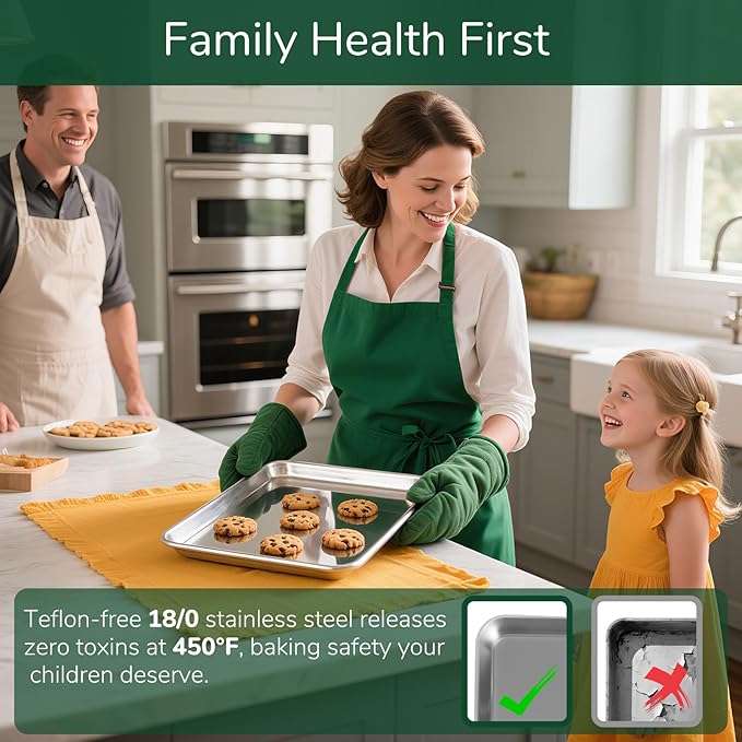 Bofolai 18/0 Stainless Steel Baking Sheet with Cooling Rack, Oven-Safe Non-Toxic Cookie Sheets for Baking, Set of 4, Coating Free & Rust Resistant for Healthy Family Baking, Easy to Clean, Heavy-Duty