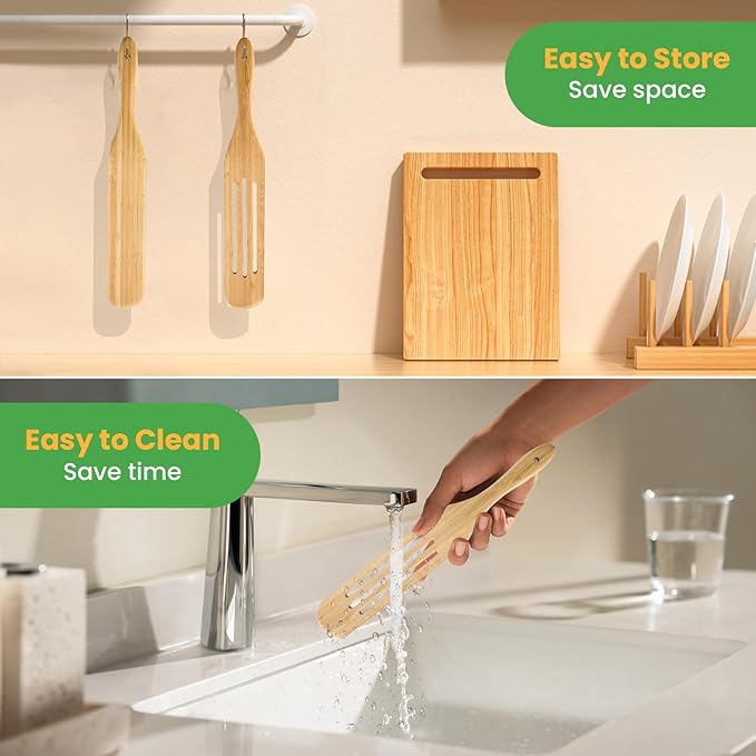 GEEKHOM Wooden Spurtle Set Bamboo Utensils: 13 Inch for Sourdough Starter, Mixing Scraping Serving, Reaching Jar Bottom, Nonstick Cookware 2 Set