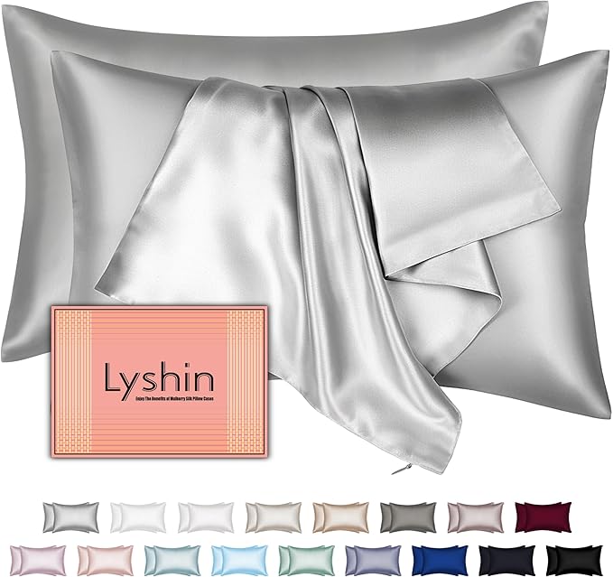 Silk Pillow Cases 2 Pack Standard Size with Hidden Zipper, Mulberry Silk Pillowcase for Hair and Skin, Smooth and Soft Breathable Cooling Silk Satin Pillowcase Set of 2, Gifts for Women，Light Grey