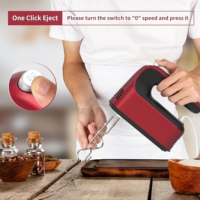 Yomelo 9-Speed Digital Hand Mixer Electric, 400W Powerful DC Motor, Hand Mixer Electric Handheld with Snap-On Storage Case, 5 Stainless Steel Accessories, Beaters, Dough Hooks, Whisk(Red)