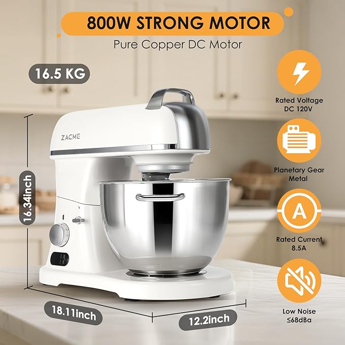 ZACME 8.4QT Commercial Stand Mixer 800W with Aluminum Die Casting Meets the Standard of NSF/ANSI 8-2023, Mixers Kitchen Electric Stand Mixer with Stainless Steel 8L Bowl, Dough Hook, Whisk and Beater