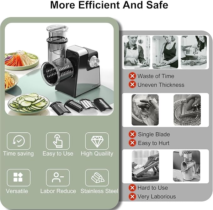 FYONIO Electric Cheese Grater, 5 in 1 Salad Maker with Stainless Steel Blades, 250W Electric Food Slicer & Shredder, Electric Salad Machine for Cheeses, Fruits, Potatoes, Carrots