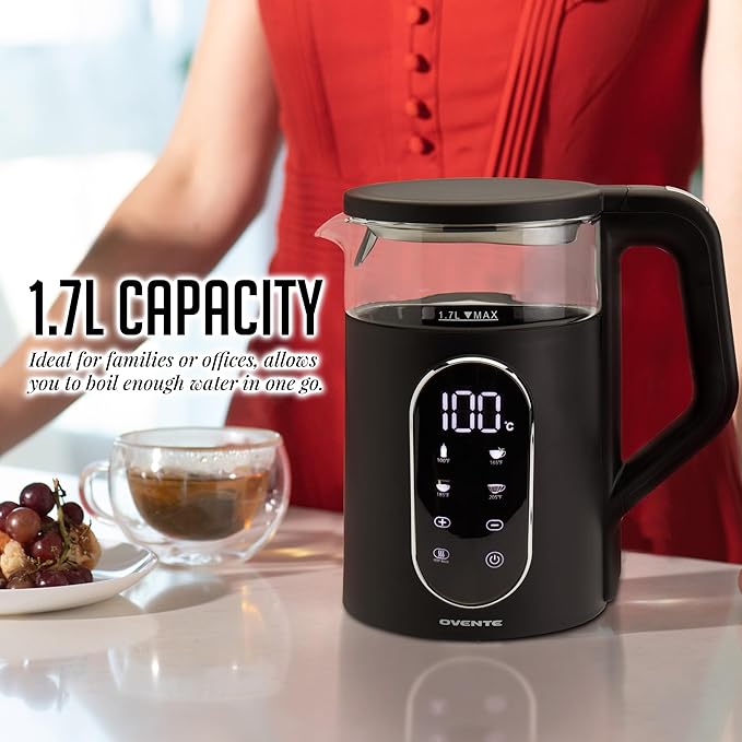 OVENTE 1.7L Electric Kettle with Digital Touchscreen, 1500W, Black KD96B