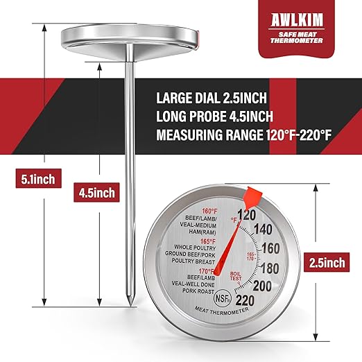 AWLKIM 2 Pack Analog Meat Thermometer Oven Safe Dial No Battery
