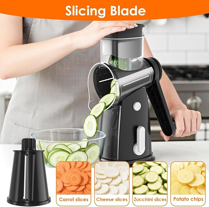 MealHelper 5 Blade Rotary Cheese Grater and Vegetable Chopper with Storage Box and Hand Crank, Compact Shredder for Cheeses, Veggies, Nuts - Easy to Use, Non-slip Suction Base,Black