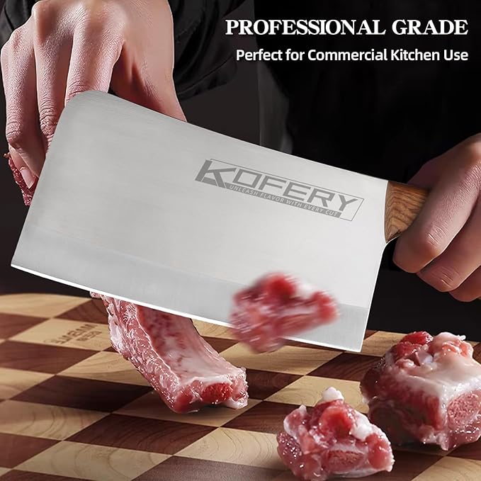 KOFERY 8.7-Inch Heavy Duty Meat Cleaver, Professional Butcher Knife and Large Bone Cutter, 7.5mm Thick Spine Full Tang Stainless Steel with Rosewood Handle, Commercial Chopping
