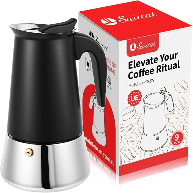 Suiitat 9 Cup Stainless Steel Moka Pot, 450ml Stovetop Espresso Maker, Black