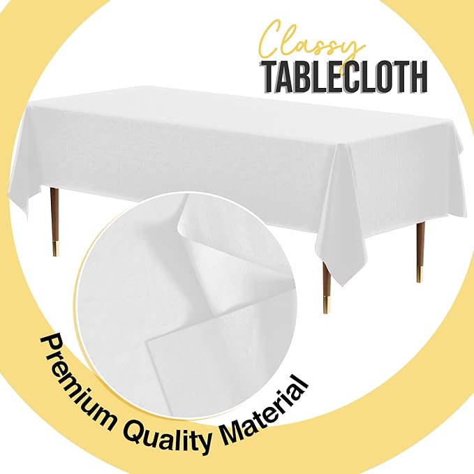 Exquisite Party Solids 66% Thicker Premium Plastic Table Cloth Rectangle Table Cover 0.5 Mil 6 Pack White Table Cloth 54 Inch x 108 Inch Disposable Tablecloth Won't Tear Easily Like Cheap Thin Brands
