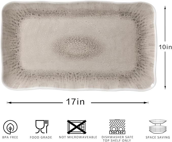 ZAROCRUS Vintage Melamine Serving Platters, Set of 2, 17'' x 10'' 100% Melamine And BPA Free Farmhouse Large Serving Trays. Warm Gray