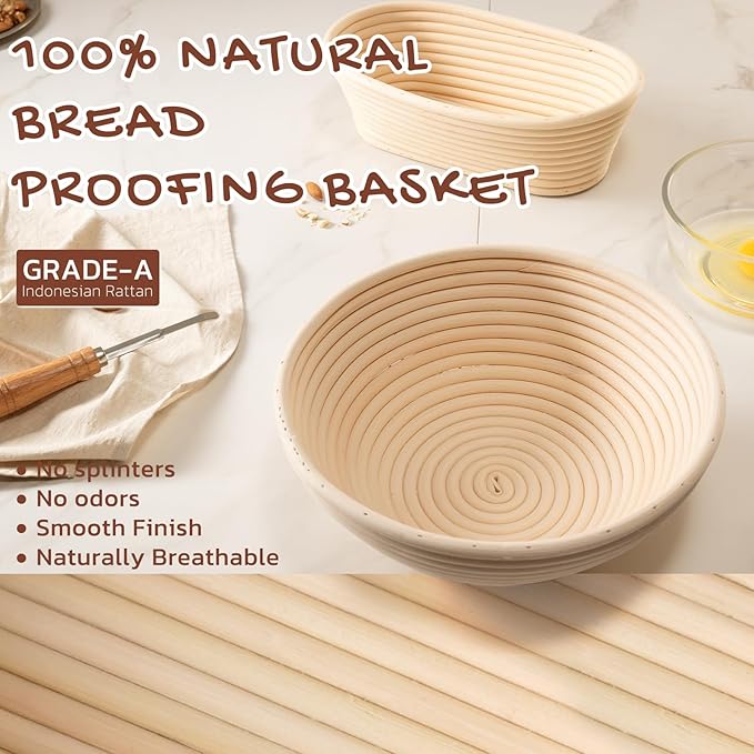 Astercook Sourdough Starter Kit with Round & Oval Banneton Bread Proofing Basket, Starter Jar, Dough Whisk, Scrapers, Stencils, Complete Sourdough Bread Baking Supplies, Fathers Day Gift for Men