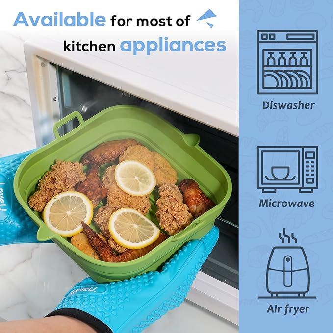 [2 Pack] Silicone Air Fryer Liners Square - Reusable Airfryer Basket - Easy to Clean Air Fryers Pot for 5.8 to 8 Qt Large Air Fryer Baking Tray Oven Accessories, 8.5 Inch