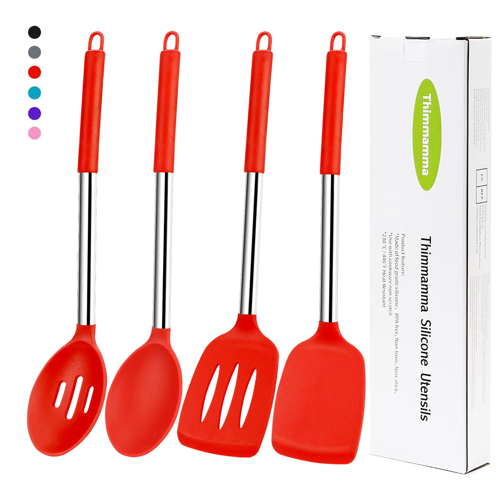 Silicone Spatula Spoon Set, 4 PCS Silicone Cooking Utensils Spatula Spoon Set with Stainless Steel Handle, BPA Free Kitchen Turners for Frying, Mixing, Serving, Draining, Turning, Stirring, Red