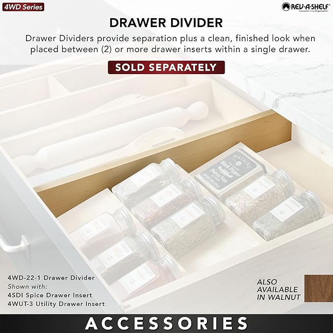 Rev-A-Shelf Custom Trim-to-Fit Silverware Drawer Organizer For Kitchen Utensils, Cutlery Cabinet Storage Divider Insert, 18.5" x 22", Maple Wood, 4WUT-1