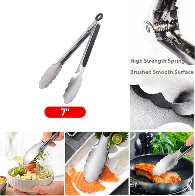 7-Inch Stainless Steel Kitchen Tongs Set, for Cooking Serving (7", 3PCS)