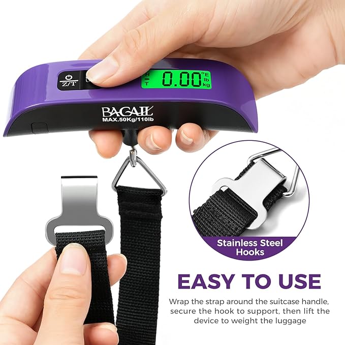 BAGAIL Digital Luggage Scale, 110lbs Hanging Baggage Scale with Backlit LCD Display,Portable Suitcase Weighing Scale,Travel Luggage Weight Scale with Hook,Strong Straps for Travelers(Purple)