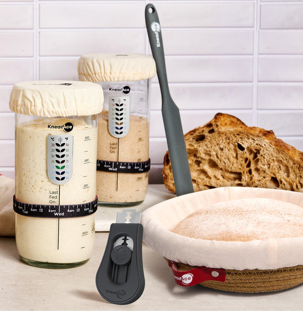 KneadAce Sourdough Starter Kit – 24oz Starter Jar, 2 Cotton Rope Banneton Proofing Baskets, Magnetic Bread Lame for Scoring – Gift for Bakers & Complete Sourdough Bread Baking Set