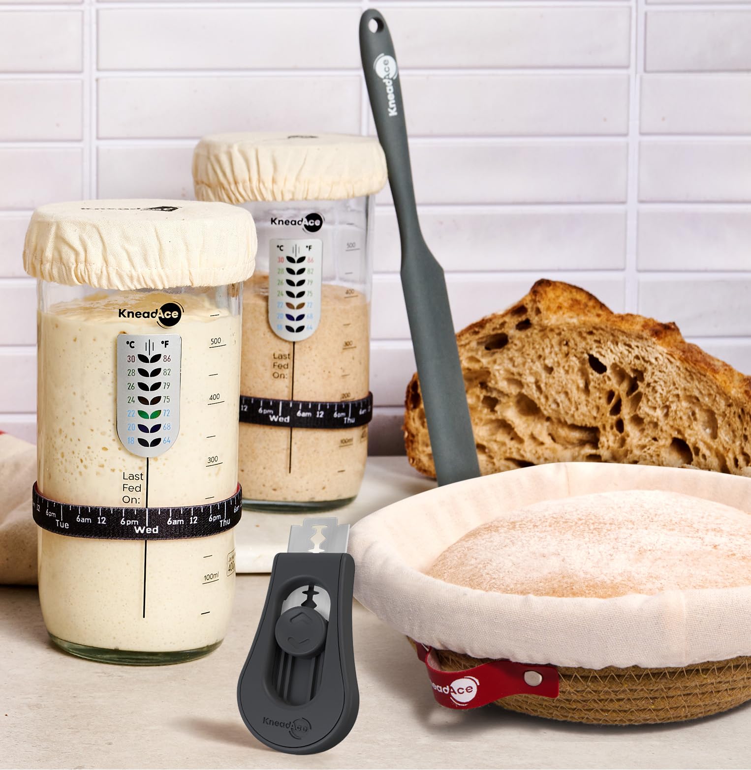KneadAce Sourdough Starter Kit – 24oz Starter Jar, 2 Cotton Rope Banneton Proofing Baskets, Magnetic Bread Lame for Scoring – Gift for Bakers & Complete Sourdough Bread Baking Set