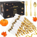Liacere 400PCS Gold Plastic Silverware - Pre Rolled Napkins Disposable Gold Plastic Cutlery-Premium Quality Utensils-Includes 100Forks,100Knives,100Spoons,100 Napkins & Birthday Party &Events
