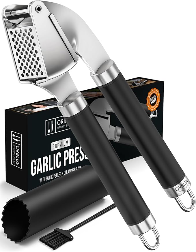 ORBLUE Garlic Press and Peeler Set, Stainless Steel - Professional Grade Mincer, Crusher - Dishwasher Safe & Rust-proof, Black