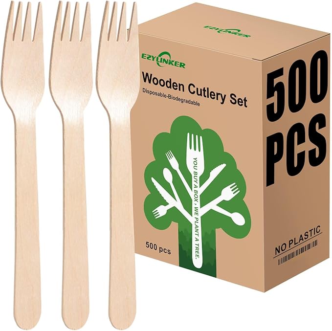 500 Wooden Forks Disposable, Alternative to Plastic and Bamboo Forks - Eco Friendly, Biodegradable, Compostable Forks Set - 500 Disposable Fork Utensils Set for Lounge Party Wedding, BBQ