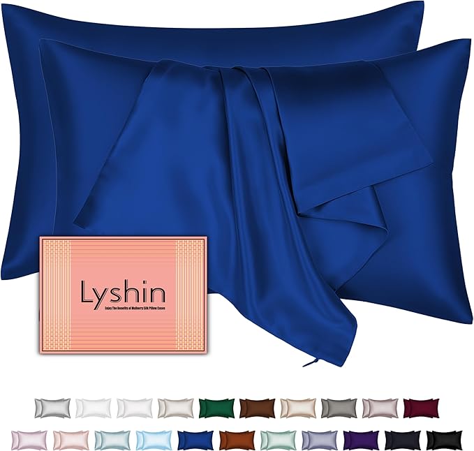 LYSHIN Silk Pillow Cases 2 Pack Queen Size with Zipper, Royal Blue