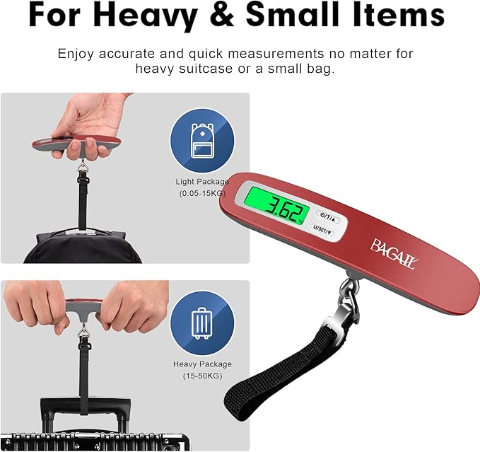 BAGAIL Digital Luggage Scale,110lbs Hanging Baggage Scale with Backlit LCD Display,Portable Suitcase Weighing Scale,Travel Luggage Weight Scale with Hook,Strong Straps for Travelers(Bright Red)