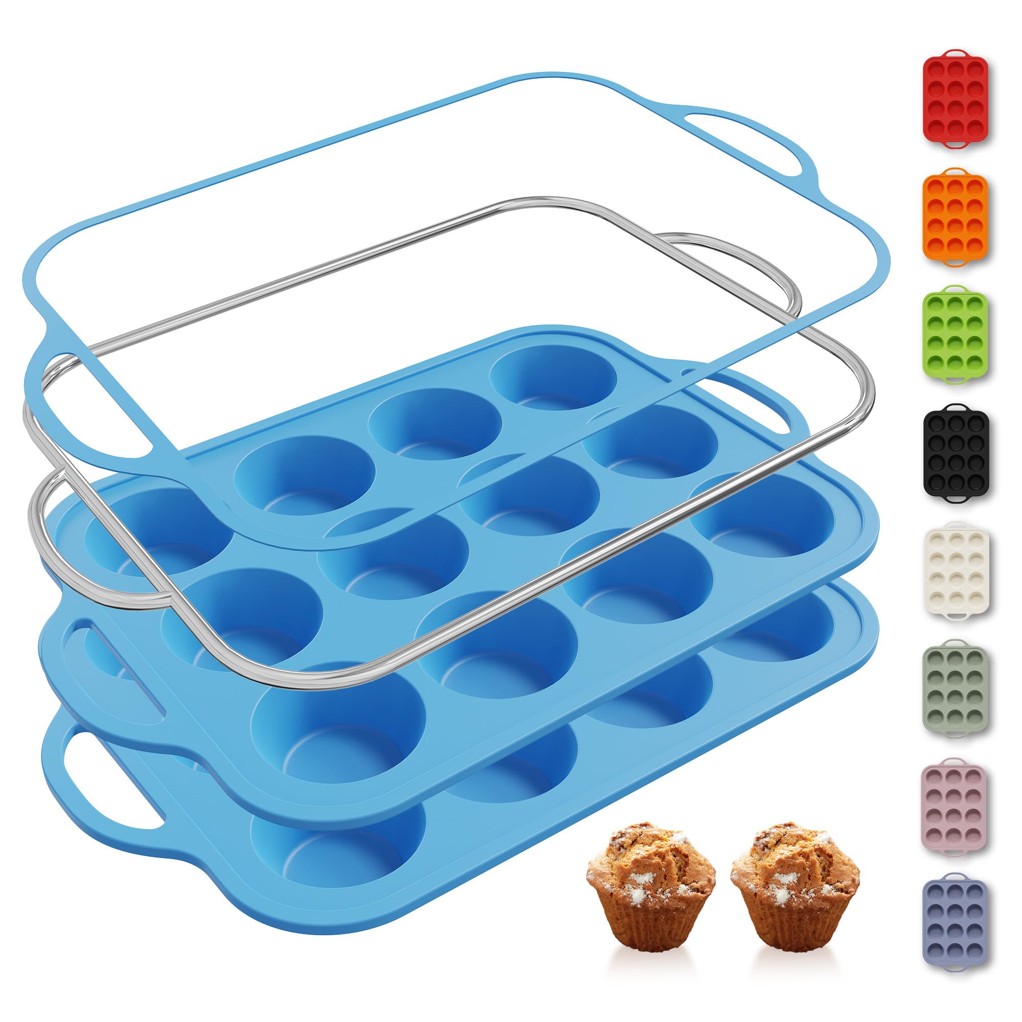 2 Packs 12 Cups Silicone Muffin Pan with Metal Reinforced Frame Regular Size Cupcake Pan Tray Egg Bites Silicone Circle Cookie Molds Muffin Tin Tart Pans Baking Sheet Set for Breakfast Sandwiches