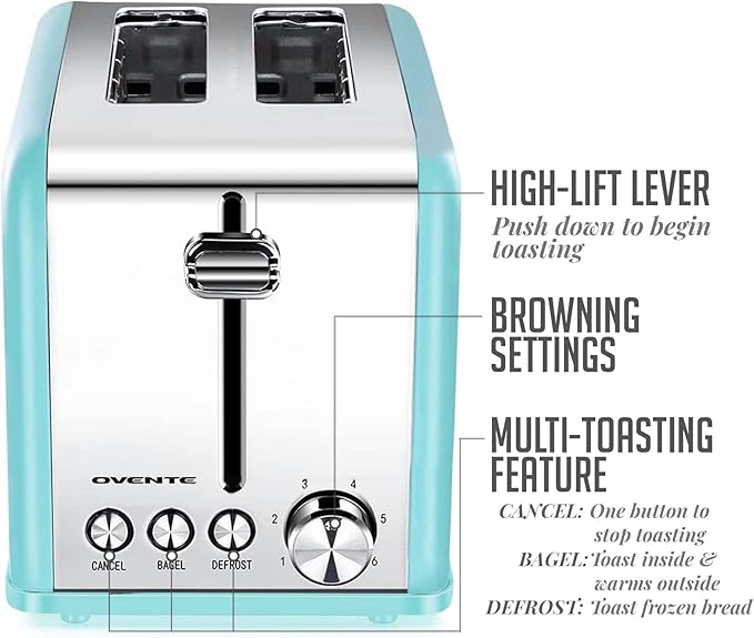 OVENTE 2-Slice Electric Toaster, 825W 6 Browning Setting, Turquoise TS2450T