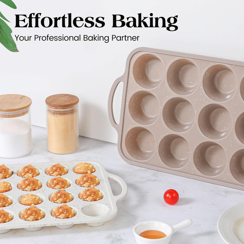 Vinino 2Packs Silicone Muffin Pans for Baking with Metal Reinforced Frame, 12 Cups Regular and 24 Cups Mini Nonstick Cupcake Pan, BPA Free Oven Dishwasher Safe Baking Mold for Muffins Cupcakes