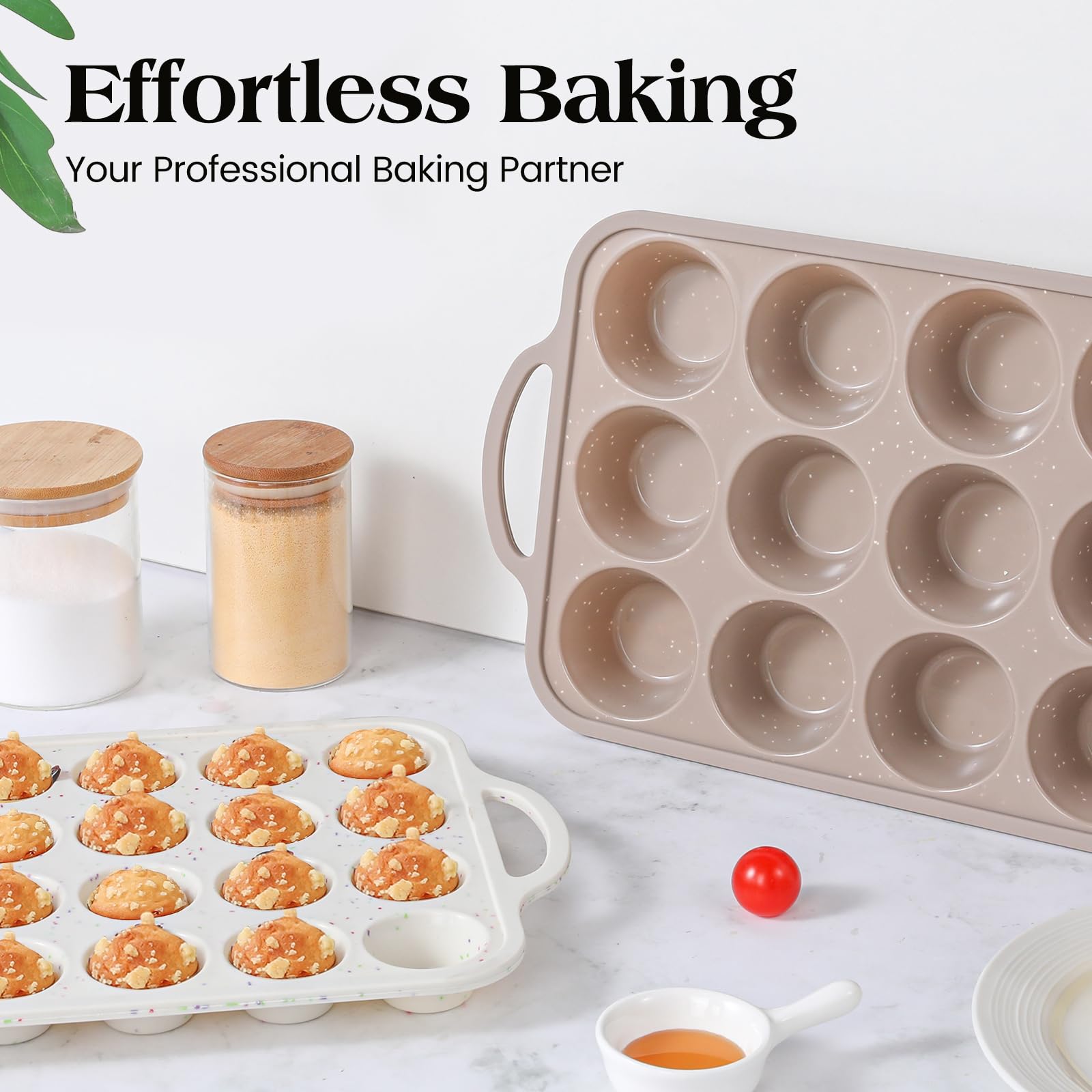Vinino 2Packs Silicone Muffin Pans for Baking with Metal Reinforced Frame, 12 Cups Regular and 24 Cups Mini Nonstick Cupcake Pan, BPA Free Oven Dishwasher Safe Baking Mold for Muffins Cupcakes