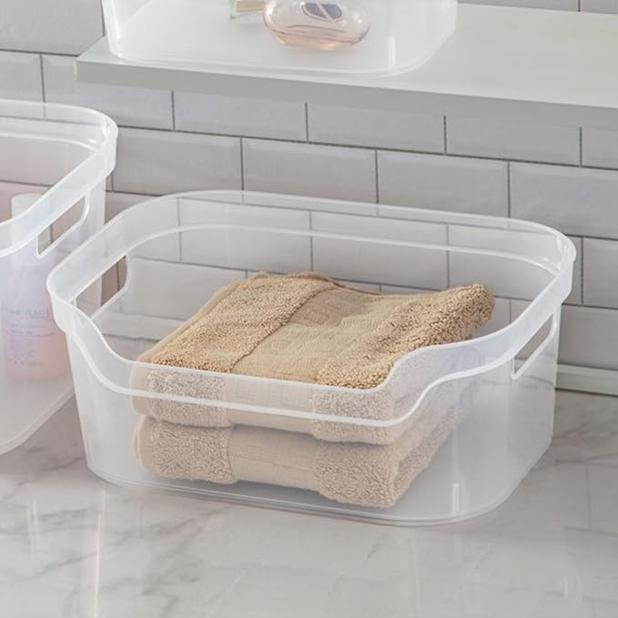 Sterilite 5.25x9.5x13 In Medium Polished Open Scoop Front Storage Bin w/Comfortable Carry Through Handles for Household Organization, Clear (24 Pack)